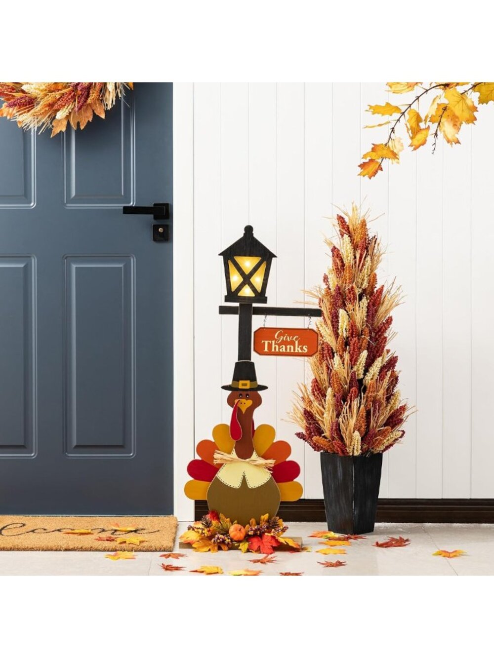 Lighted Wooden Turkey Lamp Post Decor | 36"H Thanksgiving Porch Sign with Timer